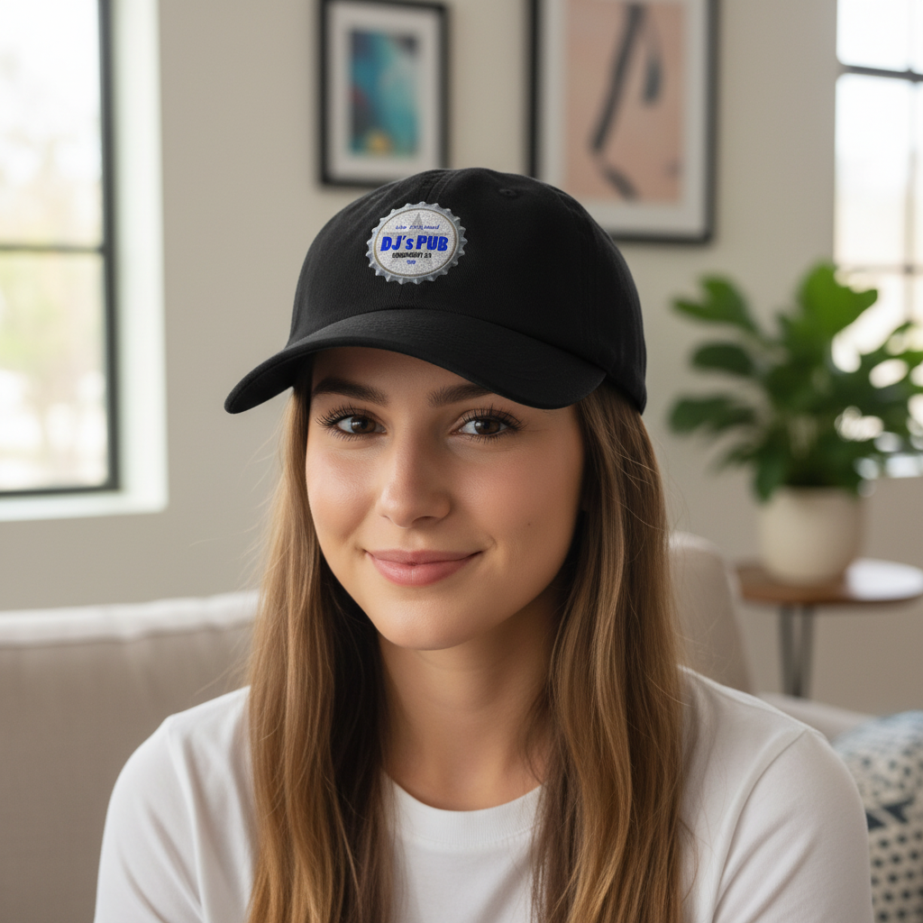 DJ's Pub Bottle Cap Dad Cap – black embroidered hat